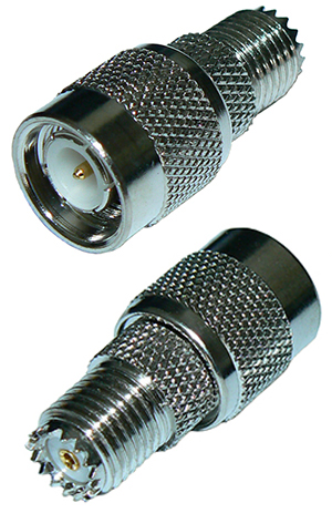 TNC male to mini-UHF female straight inter-series adaptor, 50 Ohms – nickel plated